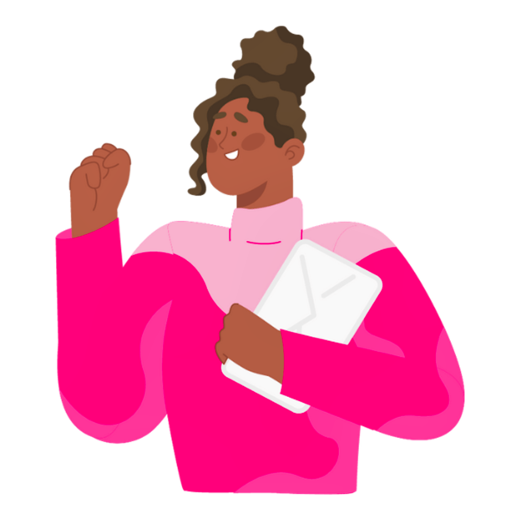 a women with a pink sweater holding an email